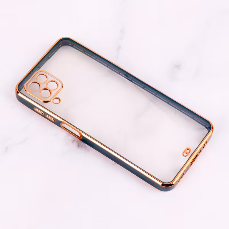 قاب سامسونگ A12 مدل کروم دور طلایی شفاف دارای محافظ لنز  دوربین رنگ سورمه ای