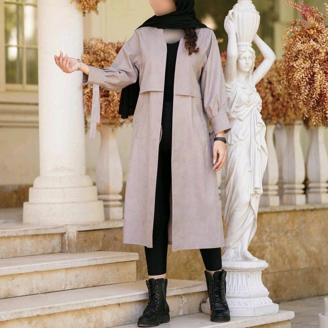 مانتو دانشجویی پاییزی پشت ژیله آستین بنددار جنس میکرو کجرا کره ای رنگ فیلی