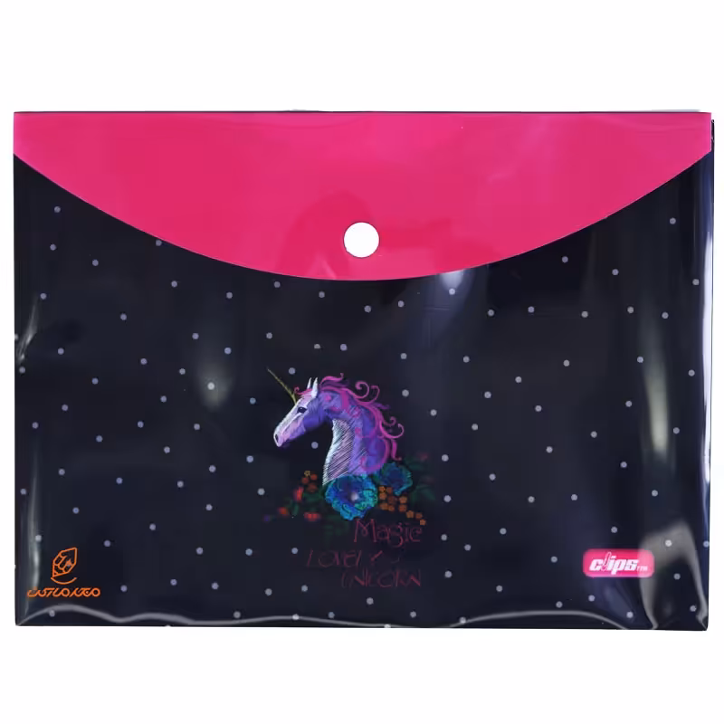 پوشه دکمه دار A5 طرح یونی کورن زمینه مشکی 152 کلیپس