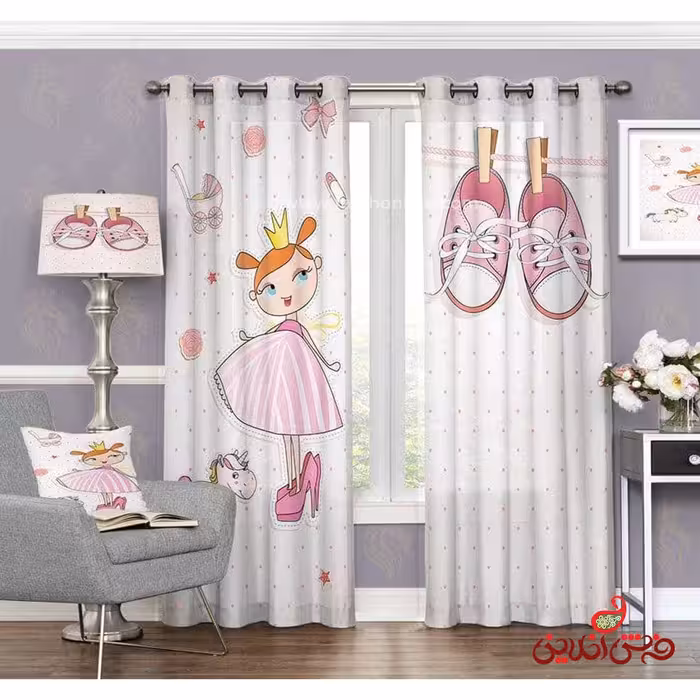 پرده 2عددی کودک طرح پرنسس و بند رخت کفش  کد 3118