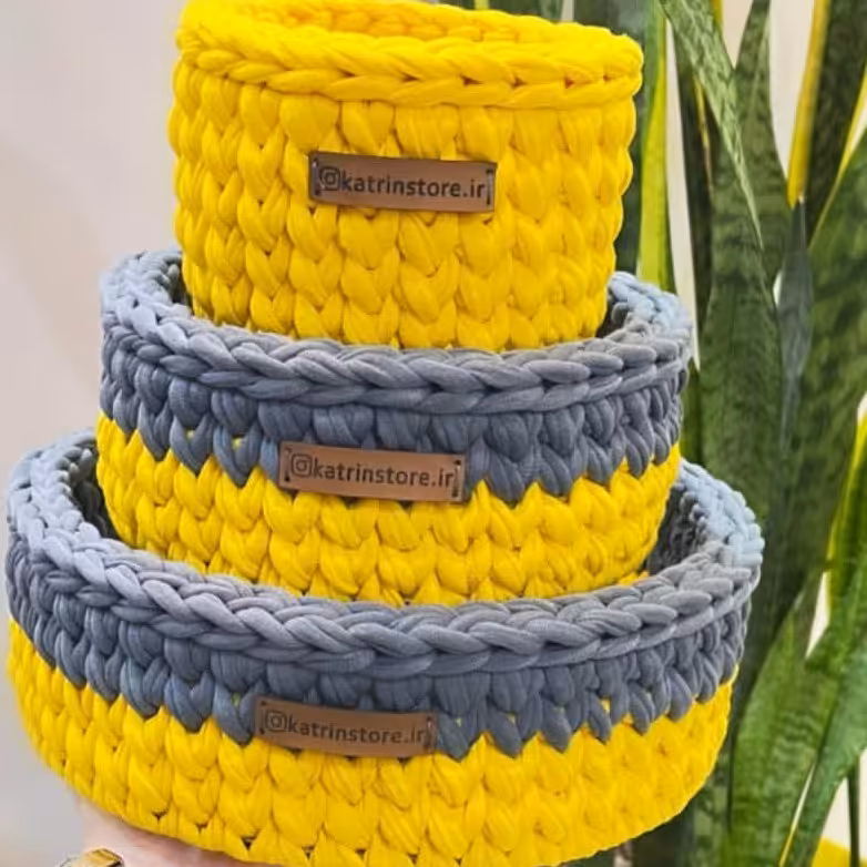 ست سبد تریکوی دیوا رنگ طوسی زرد و رنگ های دلخواه متنوع با ابعاد 10 و 15 و 20 سان