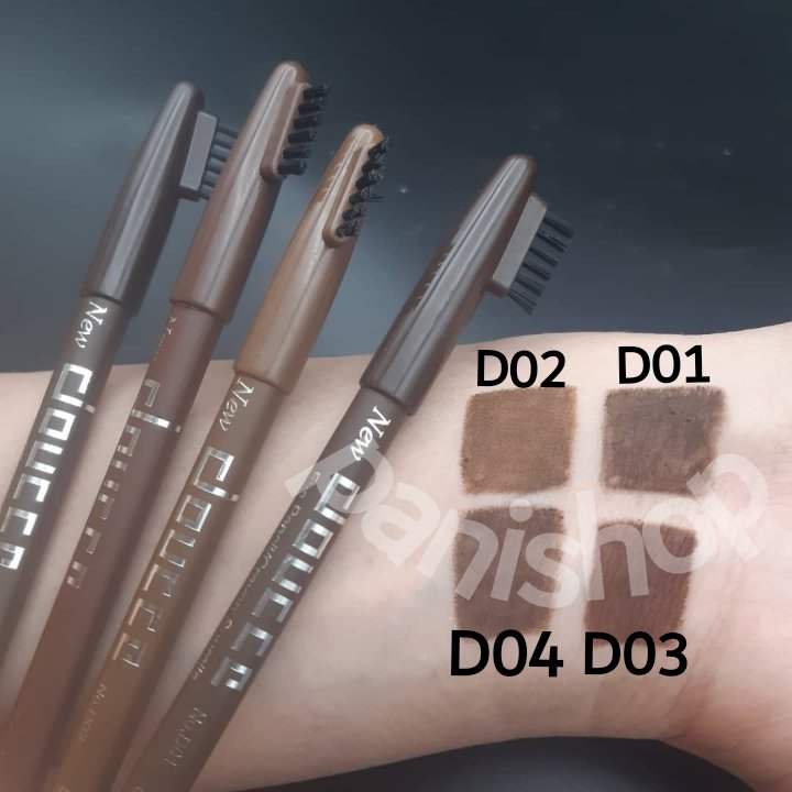 مداد ابرو DUOCCE براش دار شمارهD03 پایه قهوه ای متوسط تیره ضدآب و 24 ساعته بافت نرم ومخملی ساخت آمریکا حک شده روی مداد