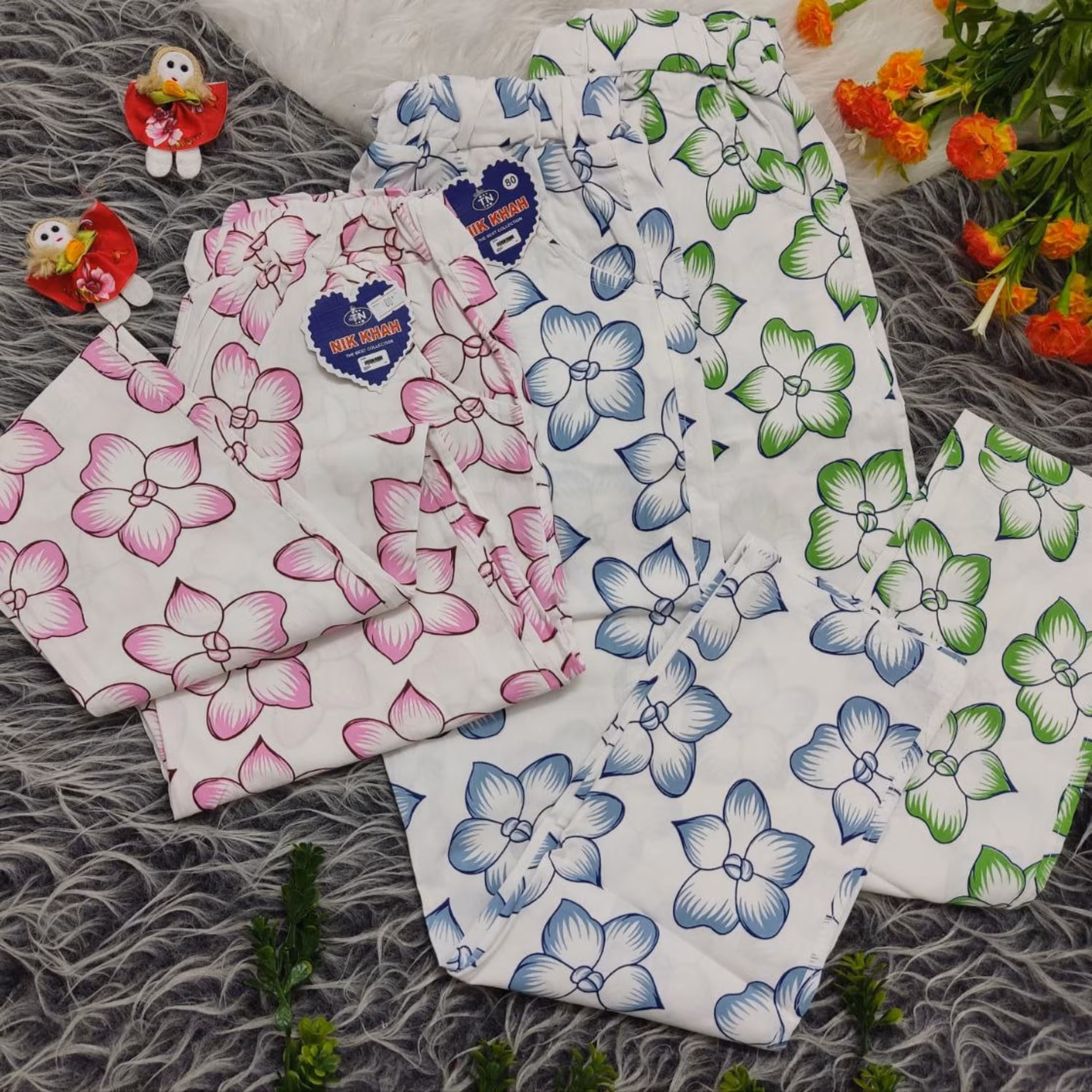 شلوار کتان پنبه دخترانه طرح دار قد 50تا 85