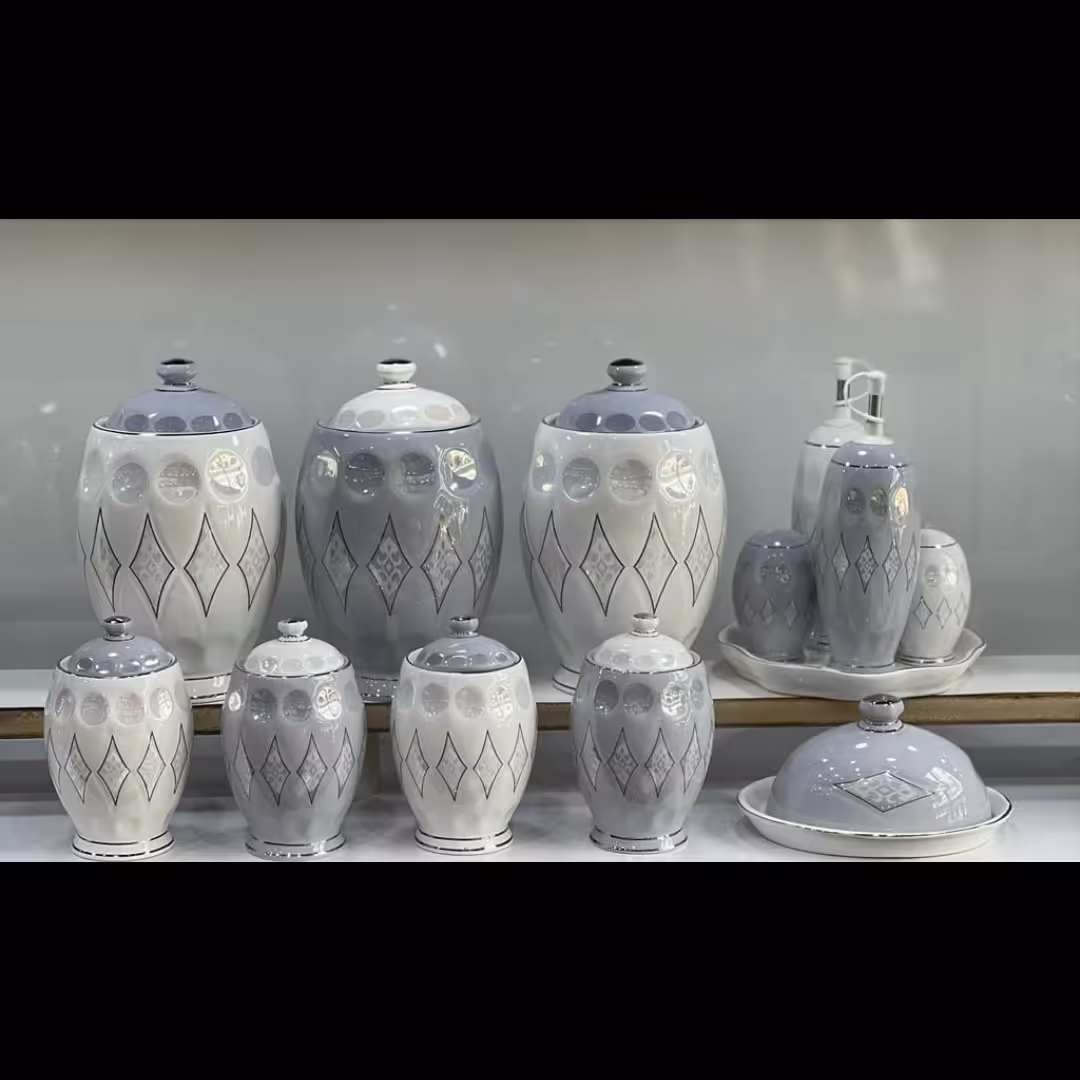 پا سماوری 14 پارچه مدل دایموند رنگ سفید طوسی 