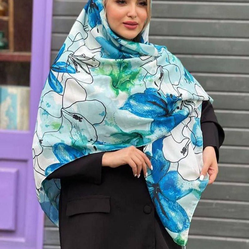روسری نخی رنگ آبی طرحدار دور دست دوز جنس نخی ارسال رایگان lo97