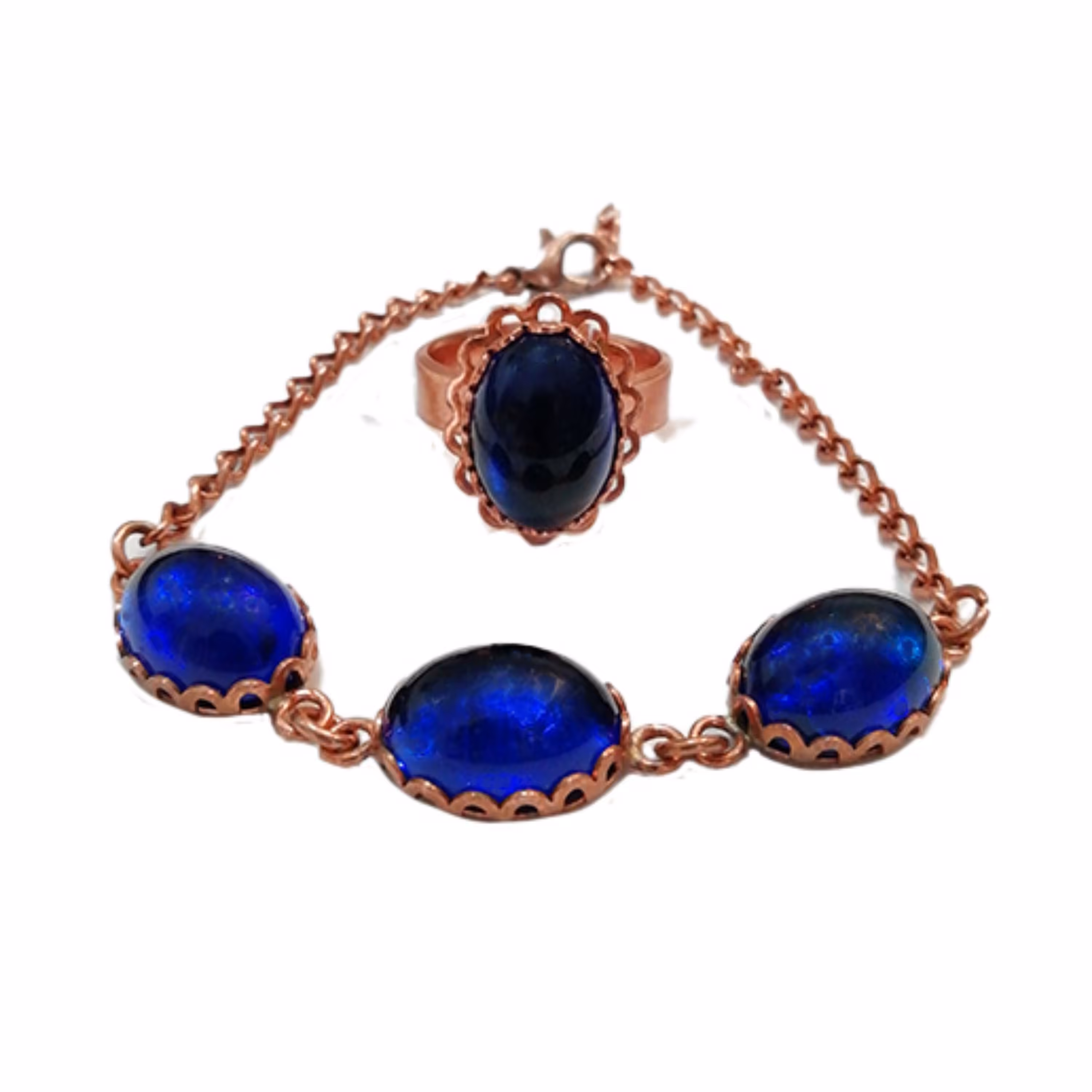 نیم ست دستبند و انگشتر سه نگین زنجیری یاقوت آبی کد JW214-2