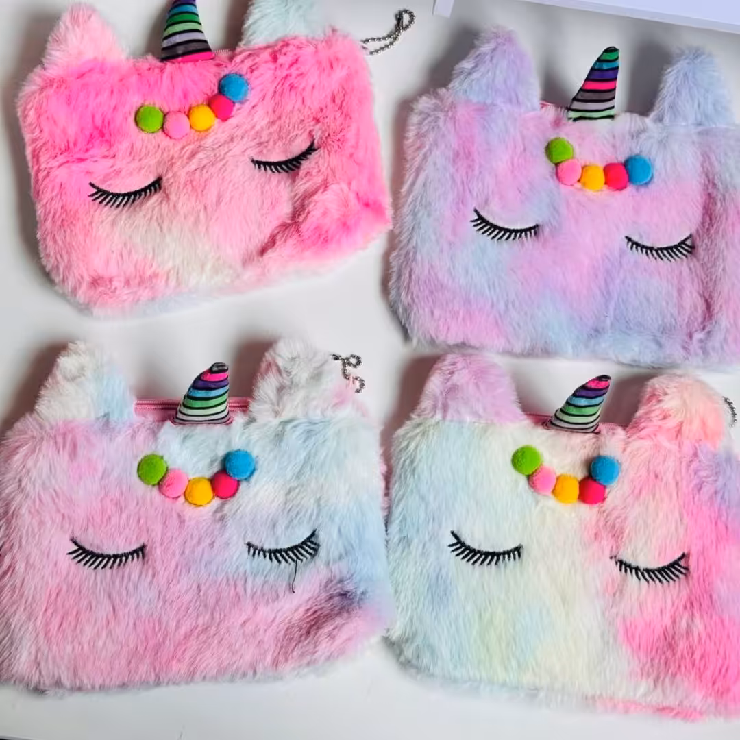 کیف آرایشی پنبه ای پشمالویی پشمکی  قابل استفاده جامدادی کودکان طرح یونیکورنی و گربه ای فانتزی کیوت دخترانه پینترستی 