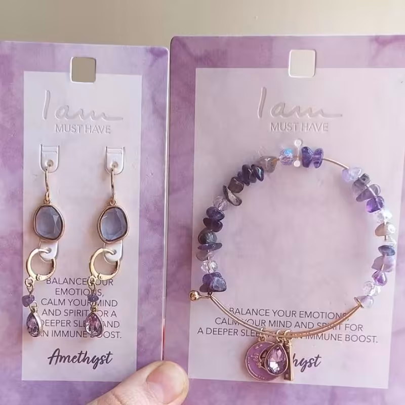 نیم ست دو عدد گوشواره و دستبند سنگ طبیعی آمیتیست