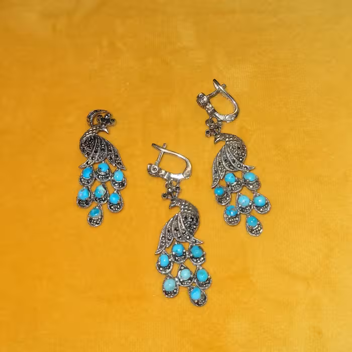 نیم ست نقره با سنگ فیروزه نیشابور