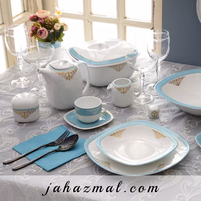 سرویس چینی زرین طرح آرمیتاژ فیروزه ای 98 پارچه