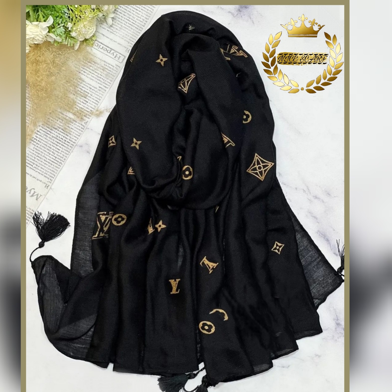 شال نخی مشکی طلا کوب