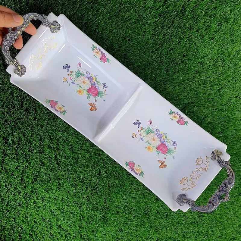 اردو خوری سرامیکی 2 خانه دسته پیوتر مدل گل سرخی کد 308 ارسال رایگان