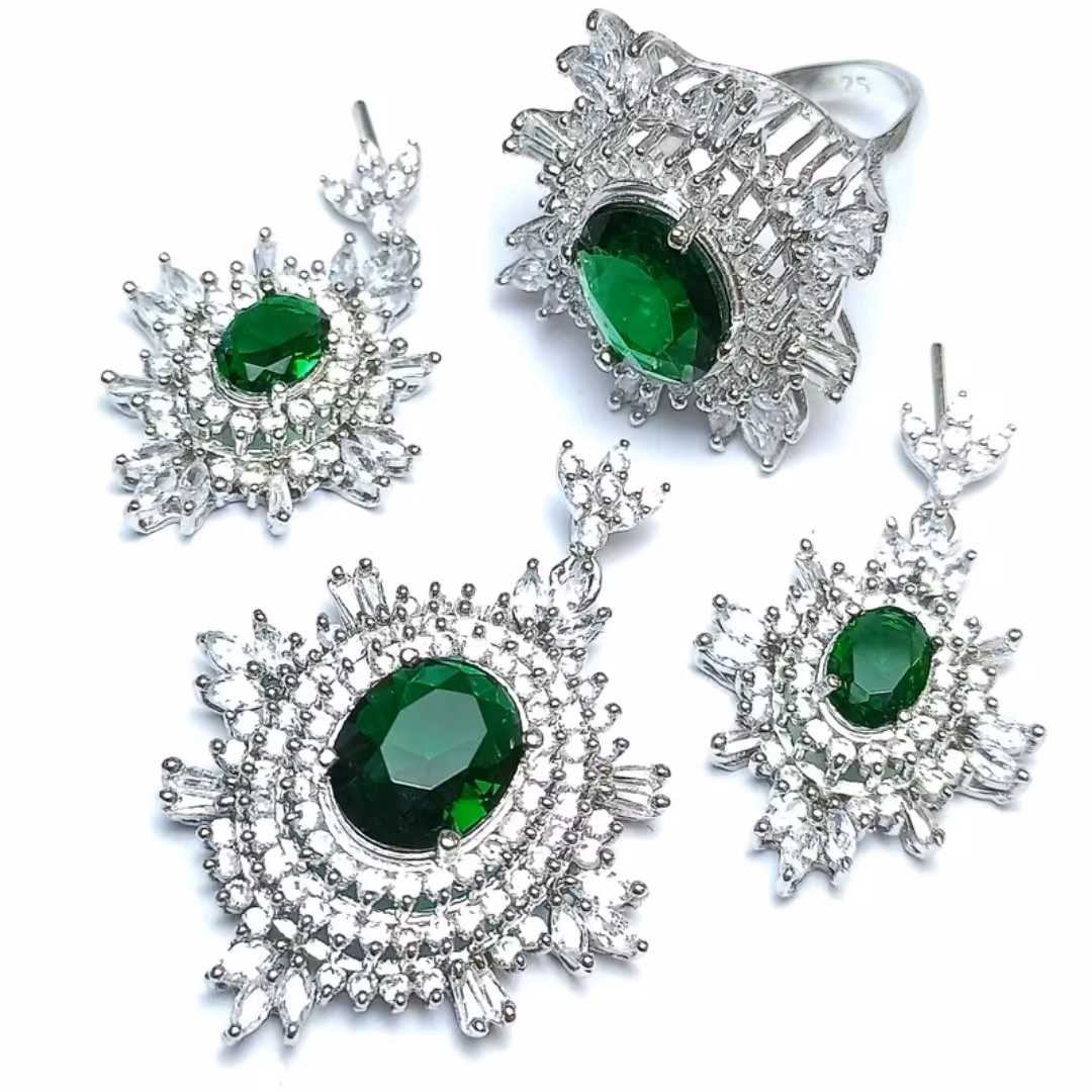 نیم ست نقره جواهری نگین رنگی سبز آبکاری رادیوم