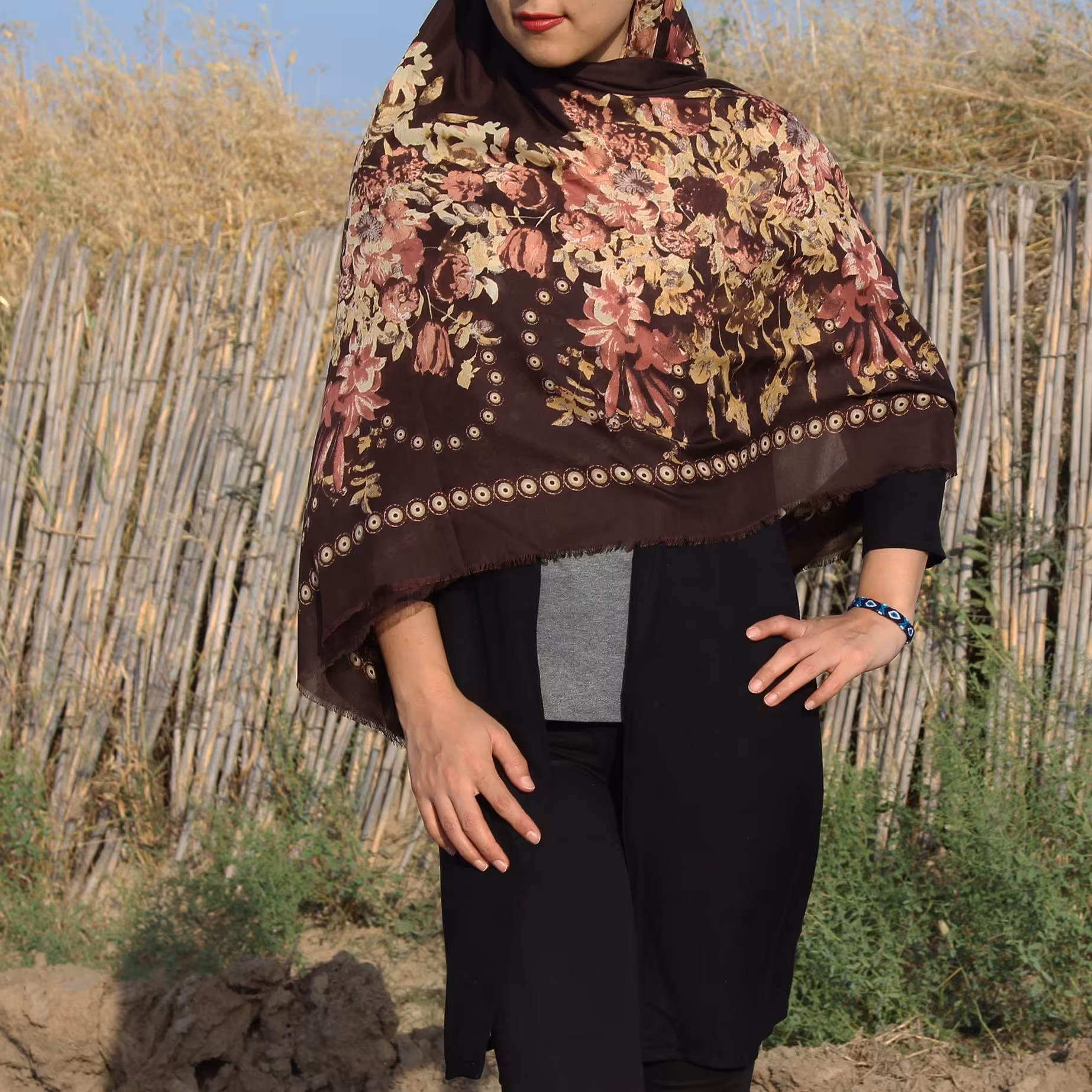 روسری ترکمن نخ ترک  طرح اجه ناز قهوه ای