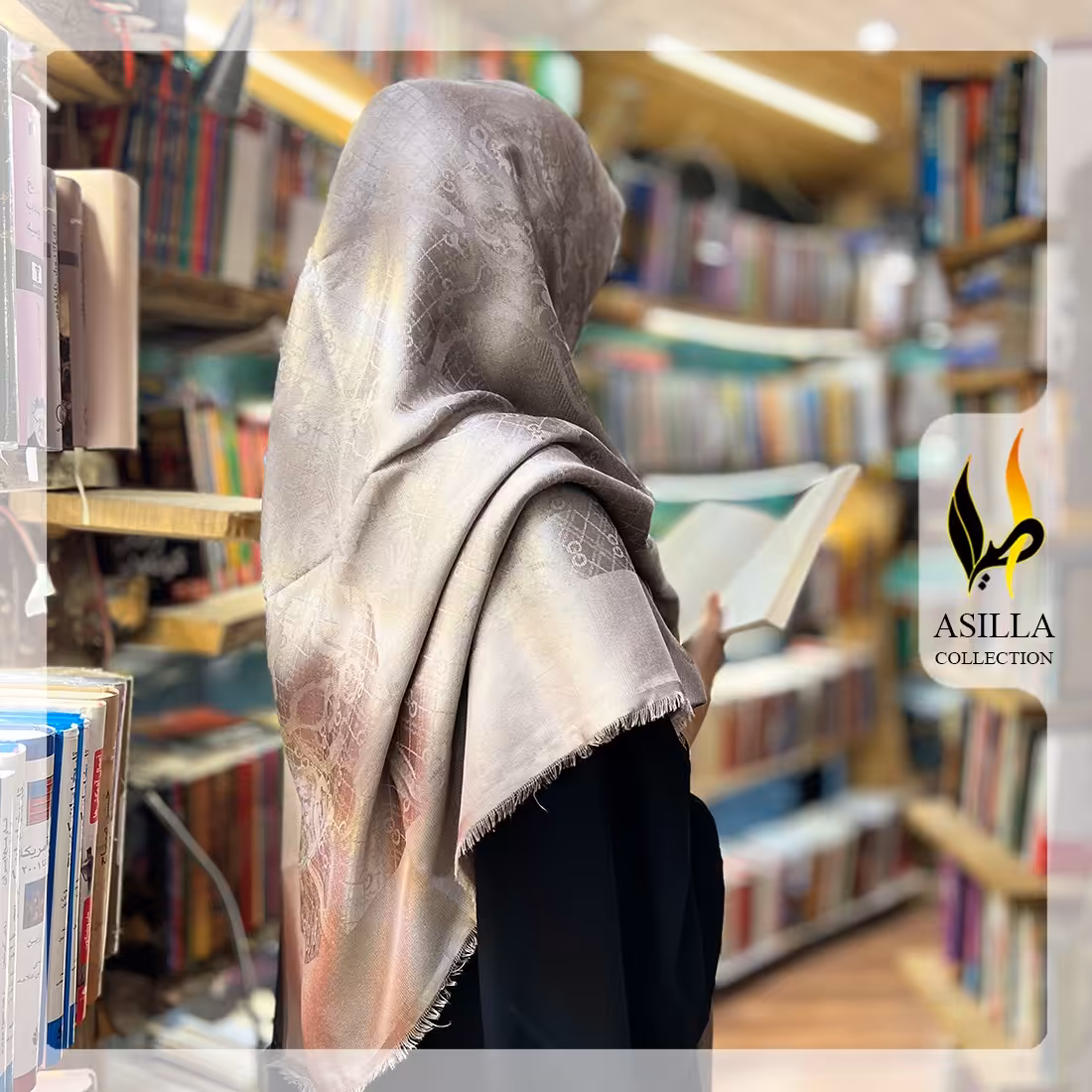 روسری ژاکارد ابریشم لمه دار 2 رو دور سوزنی رنگ کرم