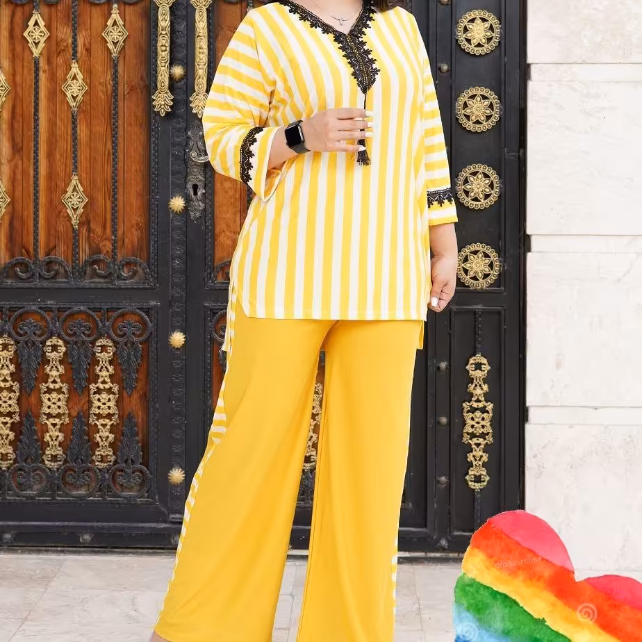 ست دو تیکه تونیک با شلوار یقه گیپور منگوله 