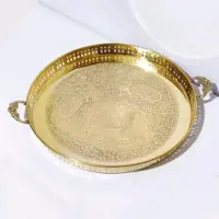 سینی برنجی هندی سینی برنزی سایز بزرگ 44 سانت مدل لبه دار با طرح طاووس ظروف پذیرایی کیفیت بالا مناسب استفاده و قابل شستشو