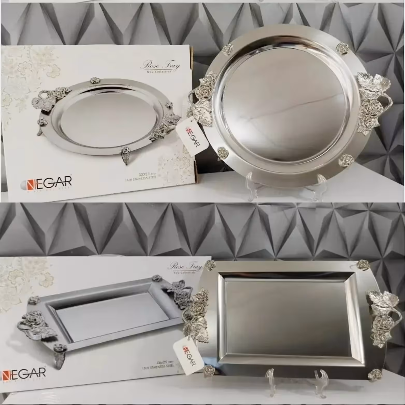 سینی استیل نگار دسته نقره ای 