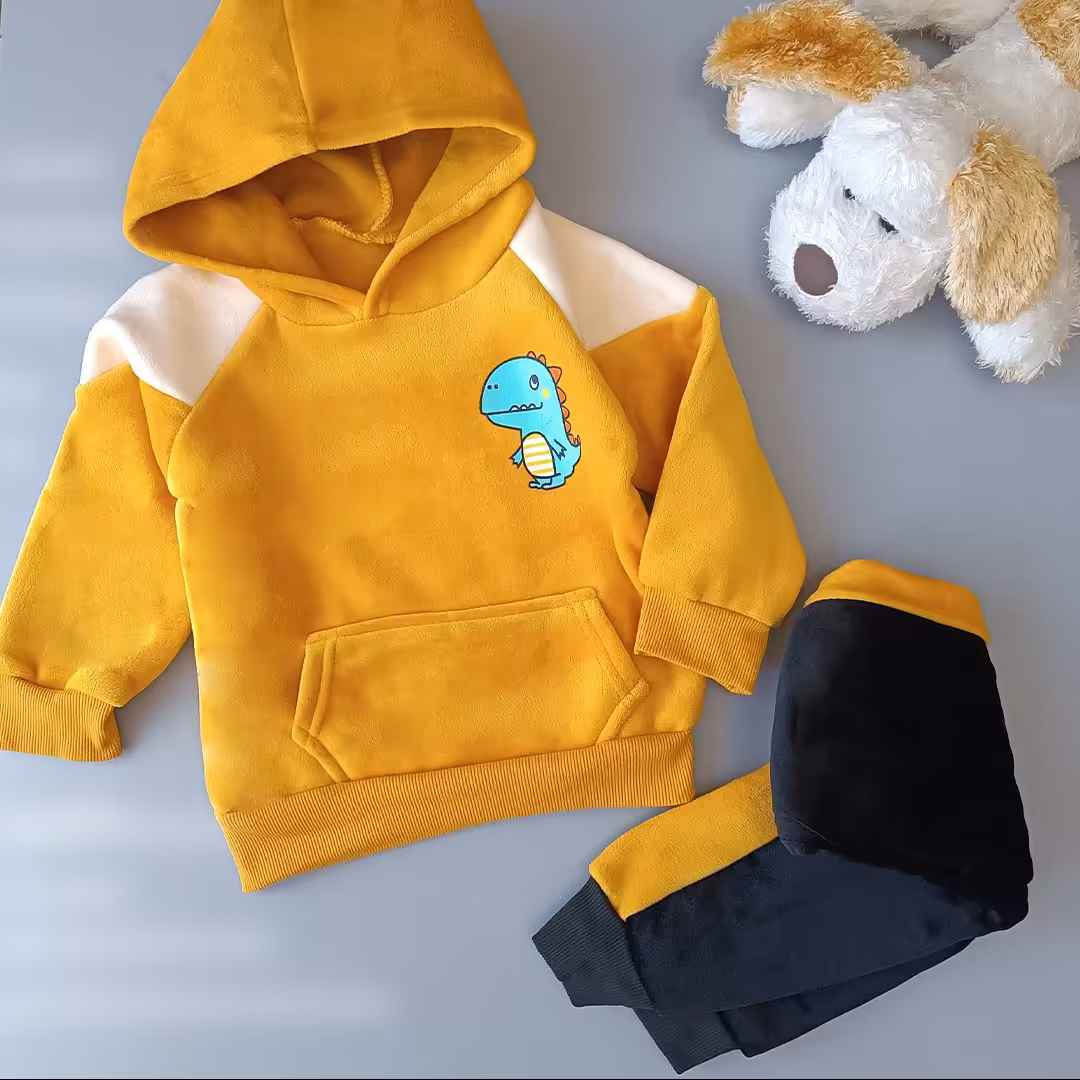 ست دوتیکه هودی و شلوار مخمل دایناسوری زرد  اسپرت مناسب دختر و پسر 