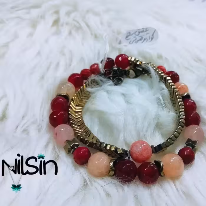دستبند 2دور سنگ طبیعی عقیق قرمز و کوارتز صورتی 