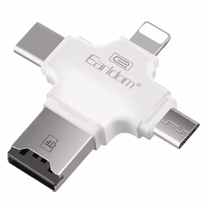 رم ریدر  دارای چهار سری میکرو، تایپ سی، لایتنینگ، USB و کارت حافظه برند Earldom 