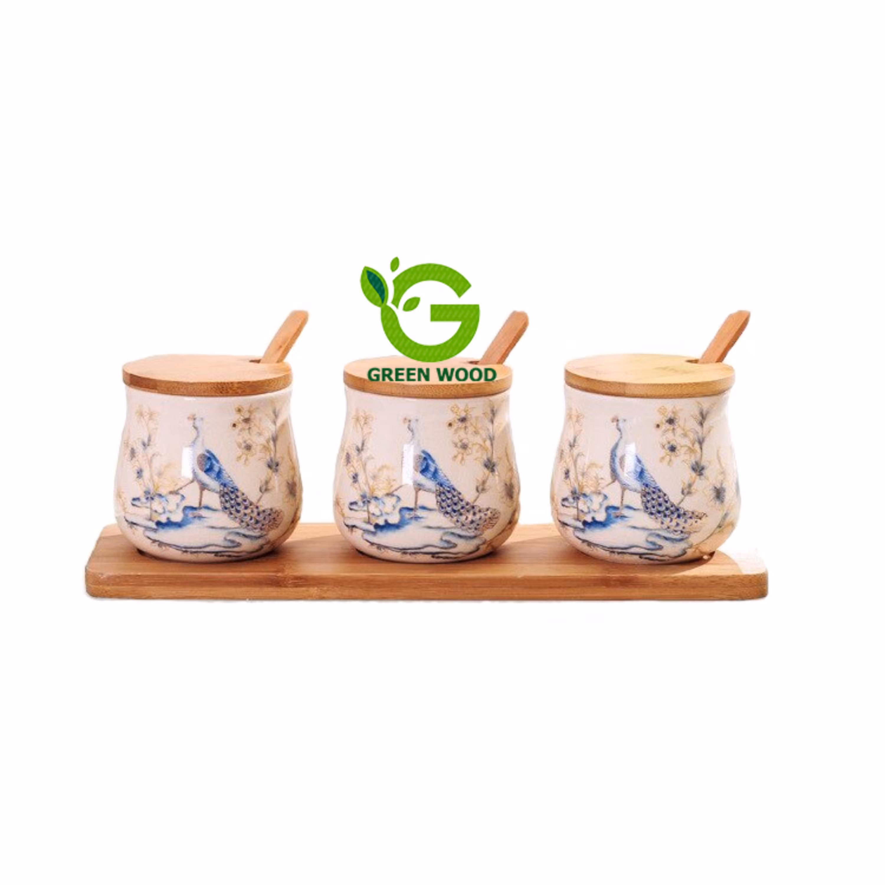 ست جا ادویه (بانکه) 3 عددی بامبو سرامیک طرح طاووس کد Gw180203004