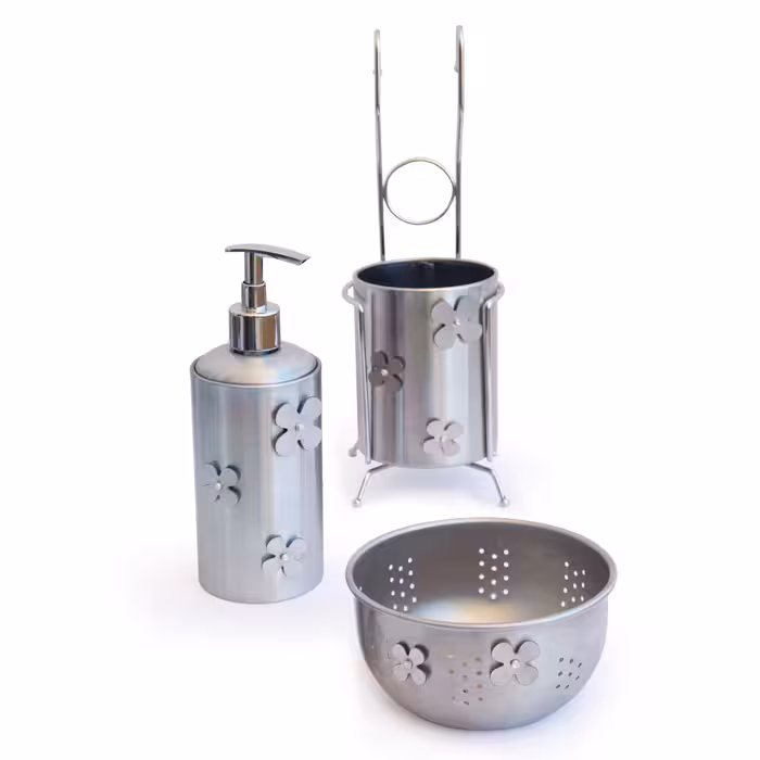 ست زیبای آشپزخانه استیل گلدار آسمان(جاقاشق و چنگال-جامایع تک-تفاله گیر)