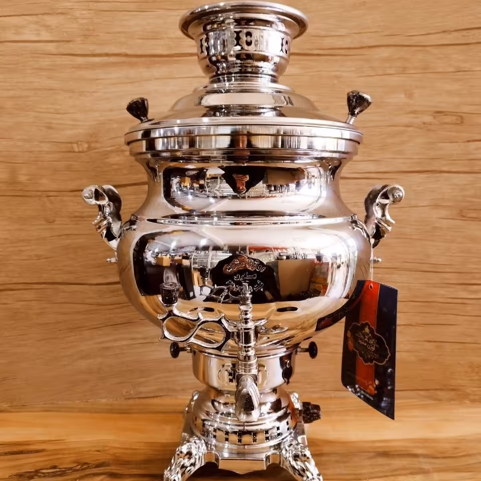 سماور برنجی 12 لیتر طرح مهسان ساده برند اوژن مشهد ( سماور گازی سماور 12 لیتر )