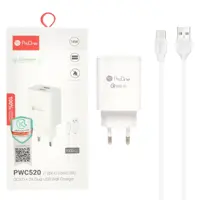 شارژر دیواری 18وات فست شارژ دو پورت پرووان مدل PWC520 به همراه کابل شارژ USB-C