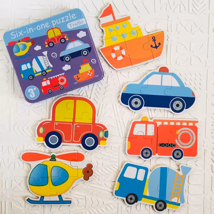 پازل چوبی 6 در 1 با جعبه فلزی طرح وسایل نقلیه (رافولین گیمز)