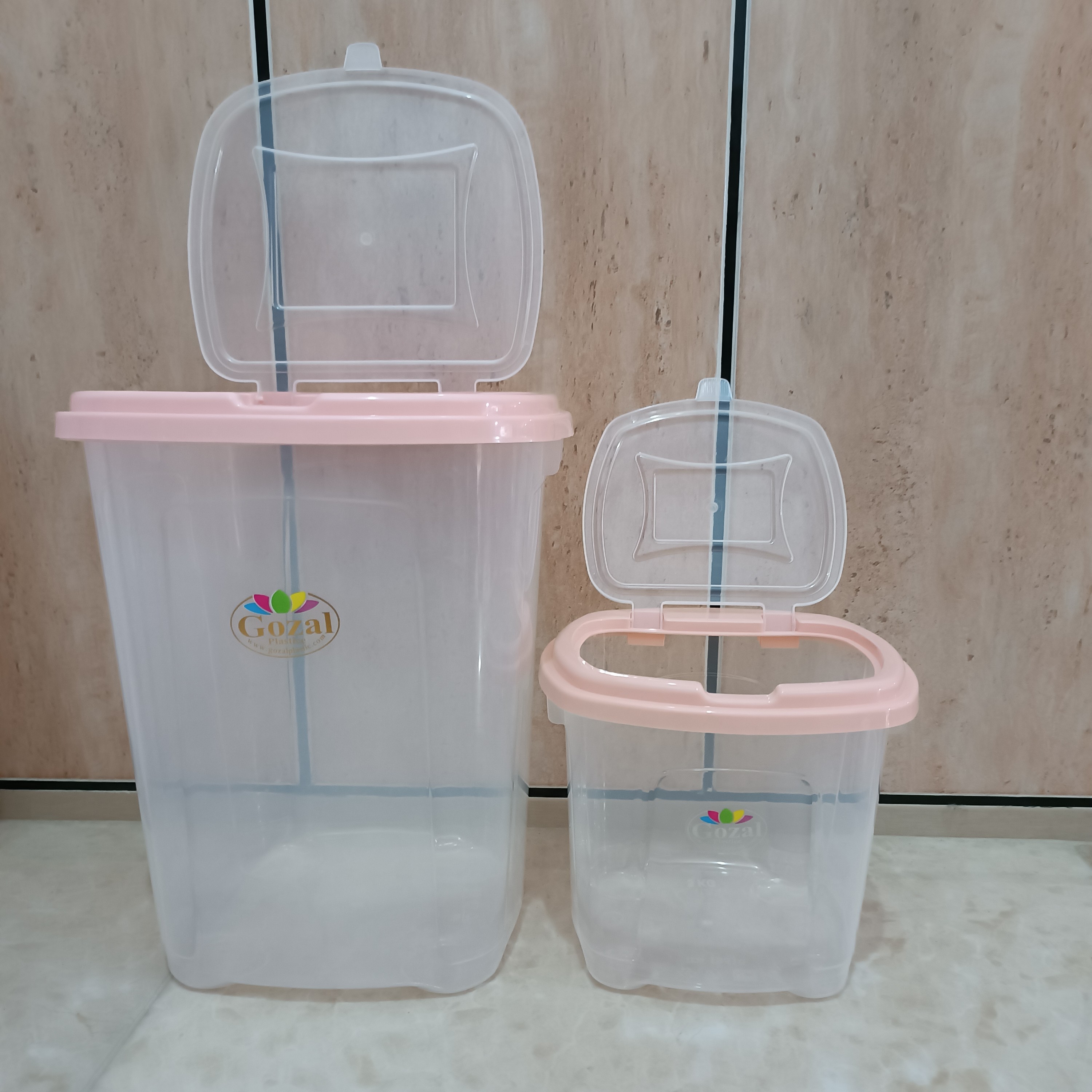 سرویس دو عددی سطل حبوبات و برنج ،، 4 کیلو و 12 کیلو ، بدنه شفاف رنگ درب صورتی