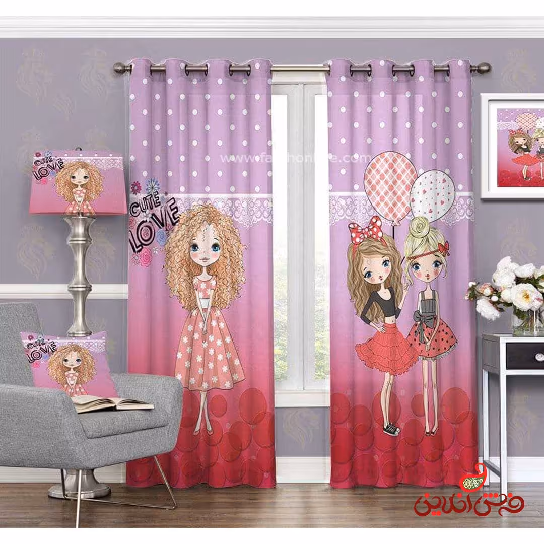 پرده 2عددی کودک طرح دختر و بادکنک کد 3101