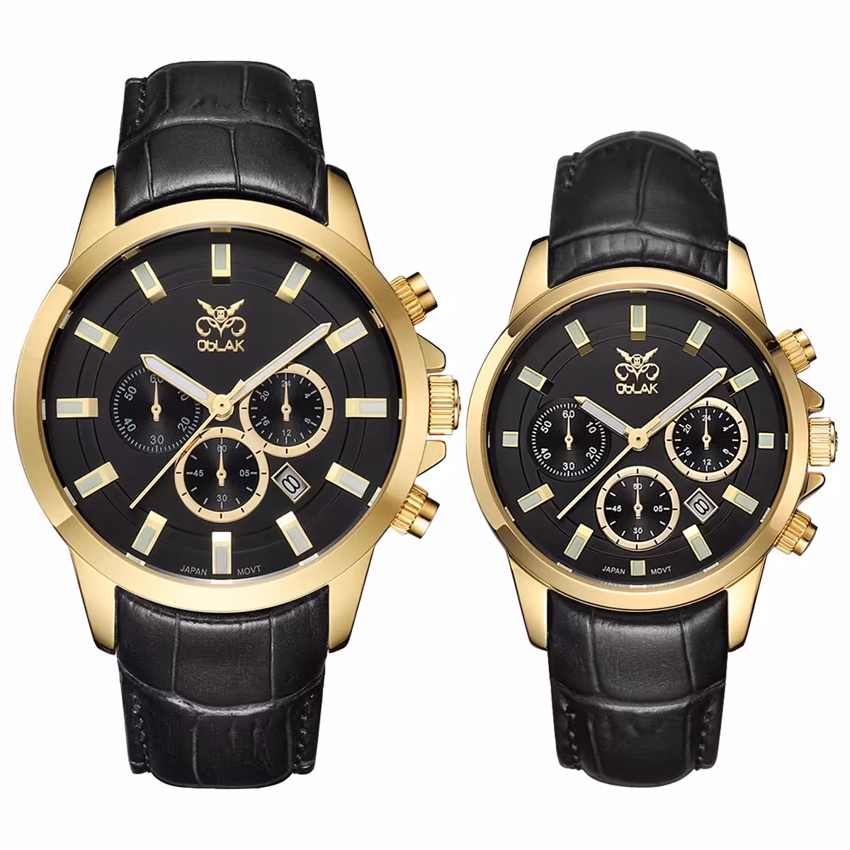 ست ساعت مچی عقربه ای زنانه و مردانه اوبلاک مدل 72697 رنگ طلایی صفحه مشکی
