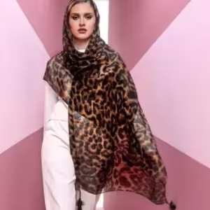 شال پلنگی نخی قهوه ای منگوله دار چهارفصل