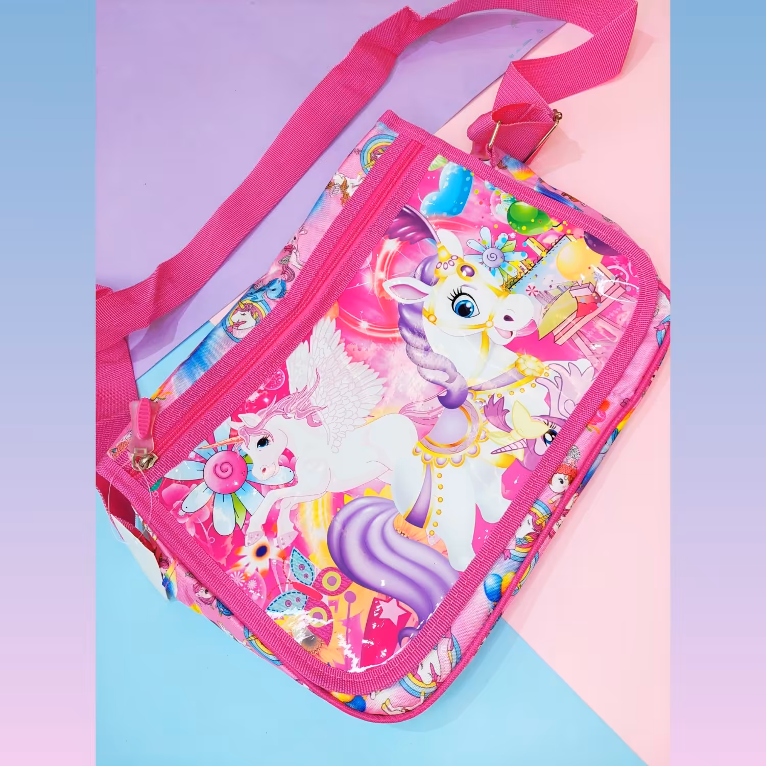 کیف دوشی یونیکورن سایز بزرگ با بند قابل تنظیم دارای سه محفظه جداگانه در جلو و پشت کیف، جنس برزنت ضد آب