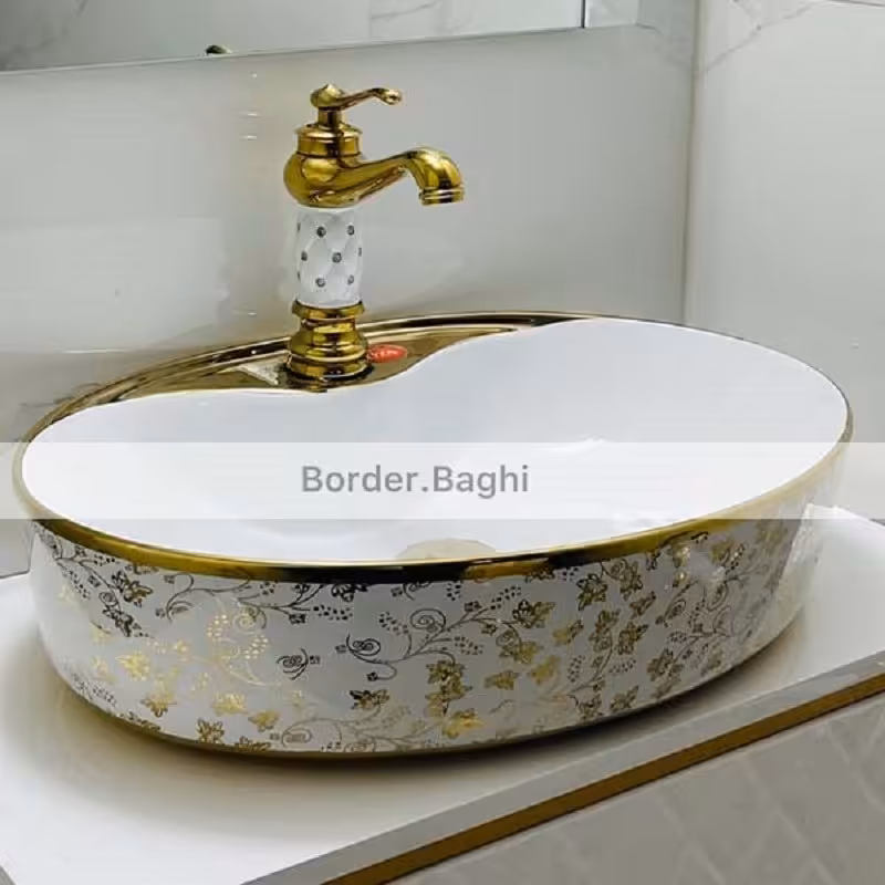 کاسه روشویی  مدل بیضی شیر خور سفید گل دار