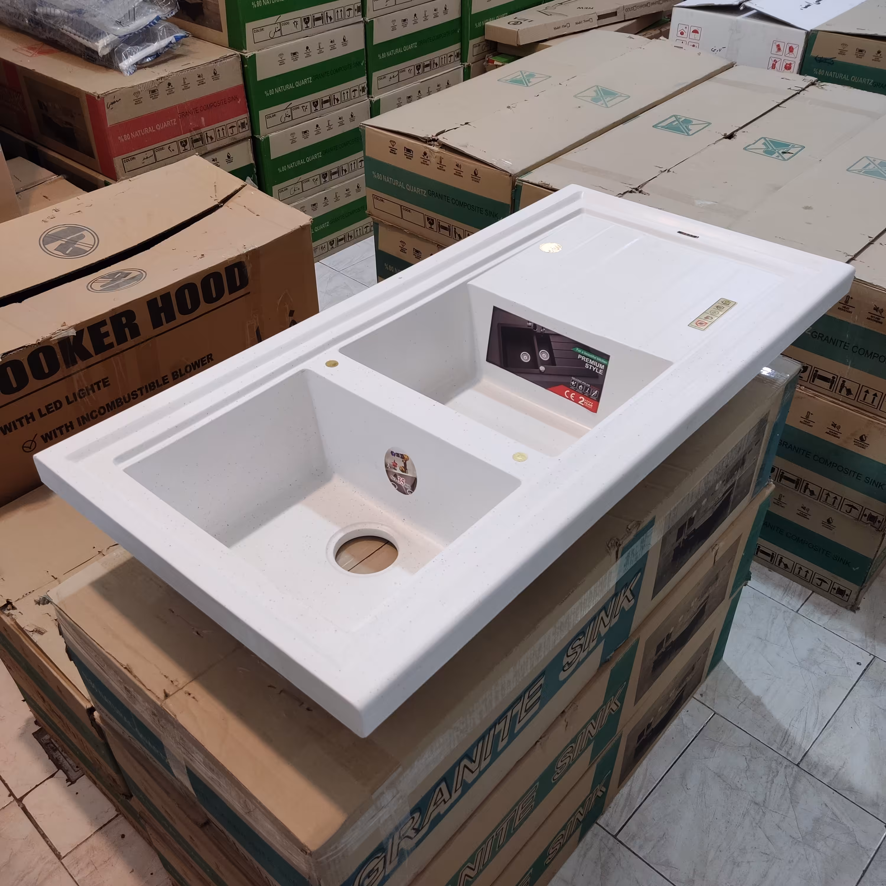 سینک گرانیت روکار  ایتالیانو  سفید 120 سانت روکار با سیفون 5 سال ضمانت