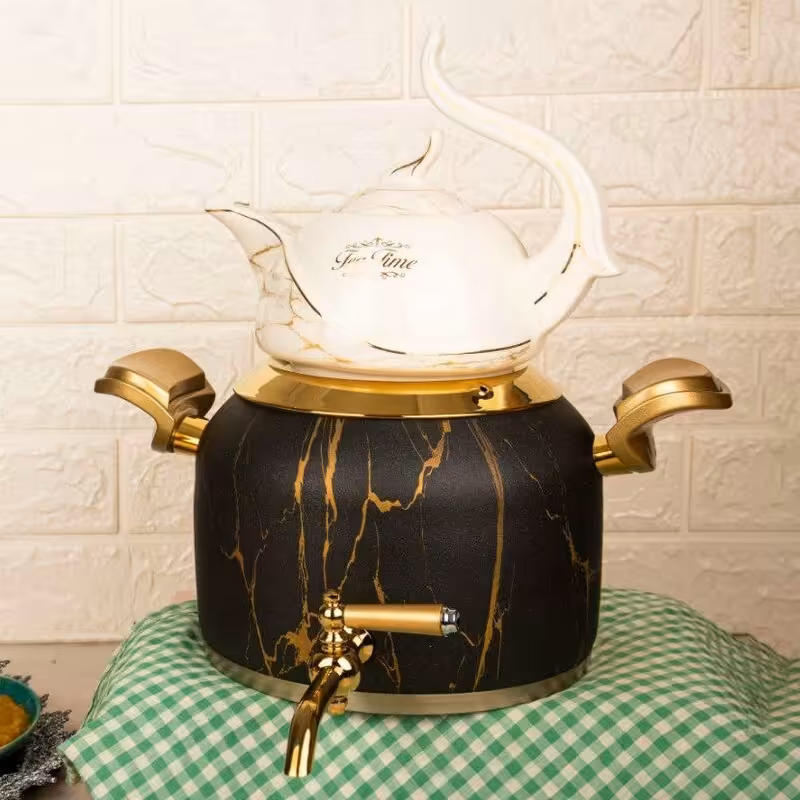 ست کتری قوری ماربل مشکی طلایی کروپ ست مدل 915 