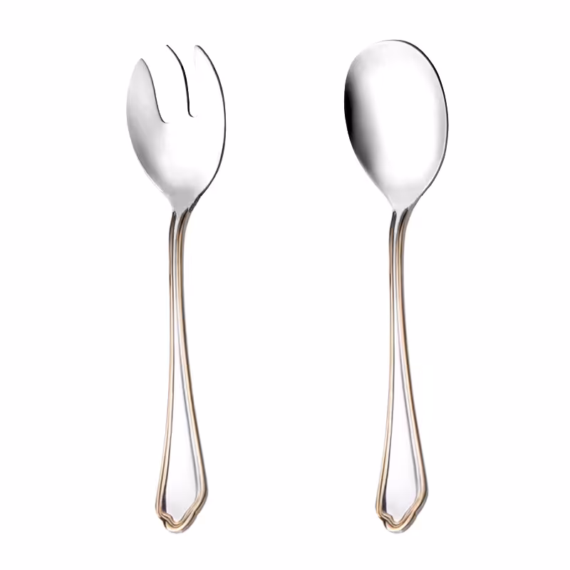 قاشق و چنگال سالاد ناب استیل طرح ونیز دور طلایی (2 پارچه)