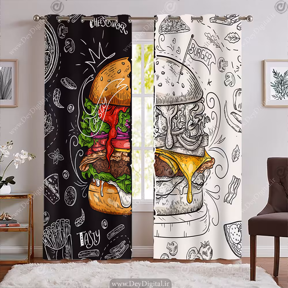 پرده فست فود طرح خلاقانه همبرگر با زمینه سفید و مشکی BA-7648-s