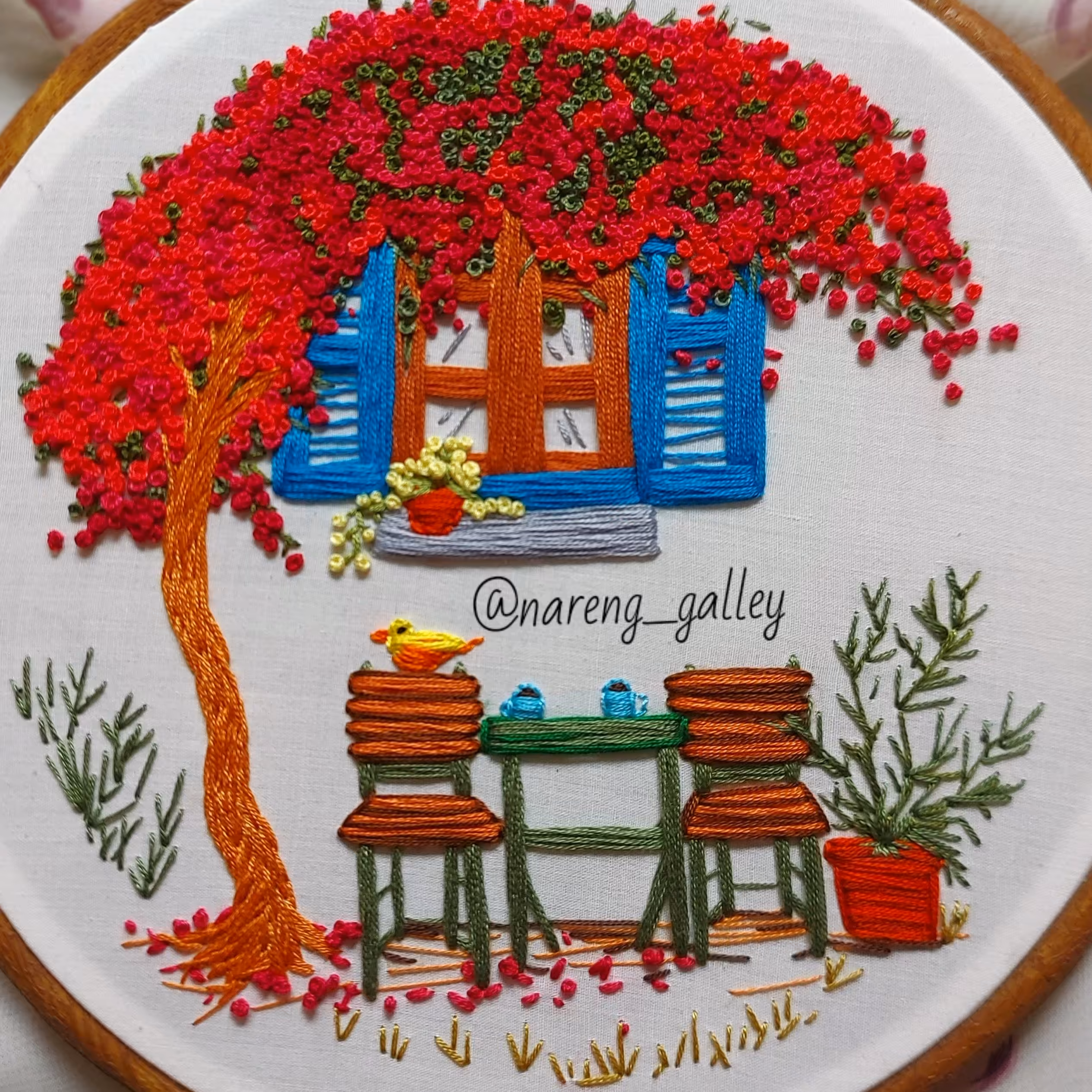 تابلوی گلدوزی شده طرح پنجره و بهار زیبا و خوشرنگ