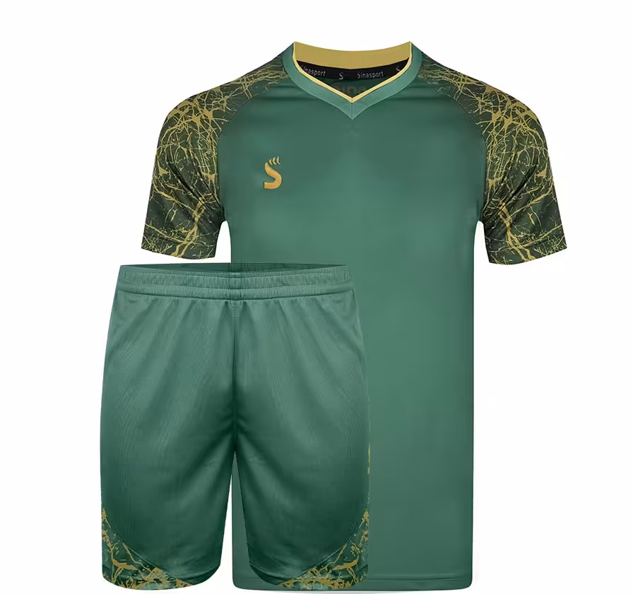 پیراهن شورت تیمی یشمی زرد طرح رعد و برق سینا اسپرت