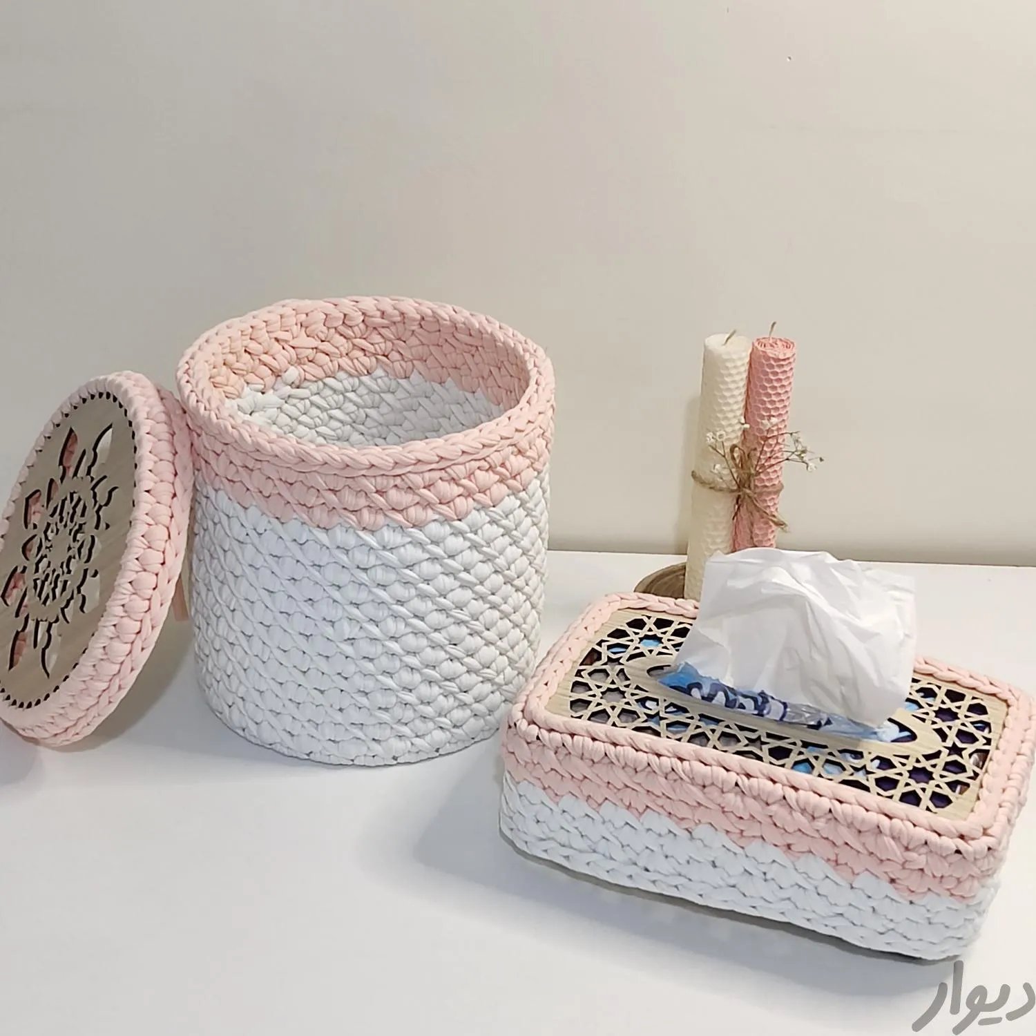 ست جعبه دستمال کاغذی و سطل درب دار تریکو