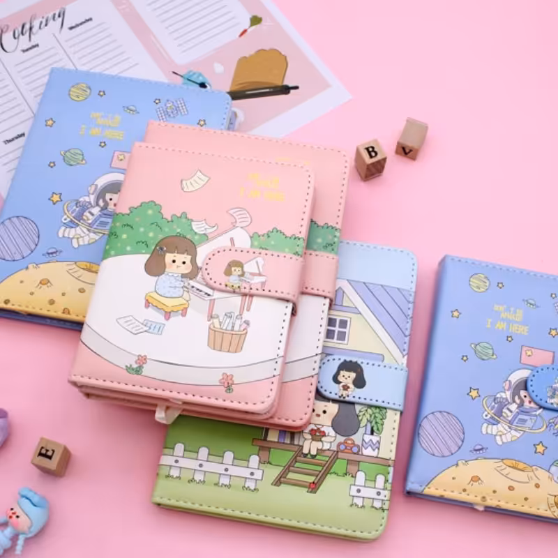 دفتر فانتزی جلد چرم طرح دختر دارای برگ های عروسکی و طرح دار  دفتر فانتزی چرمی 