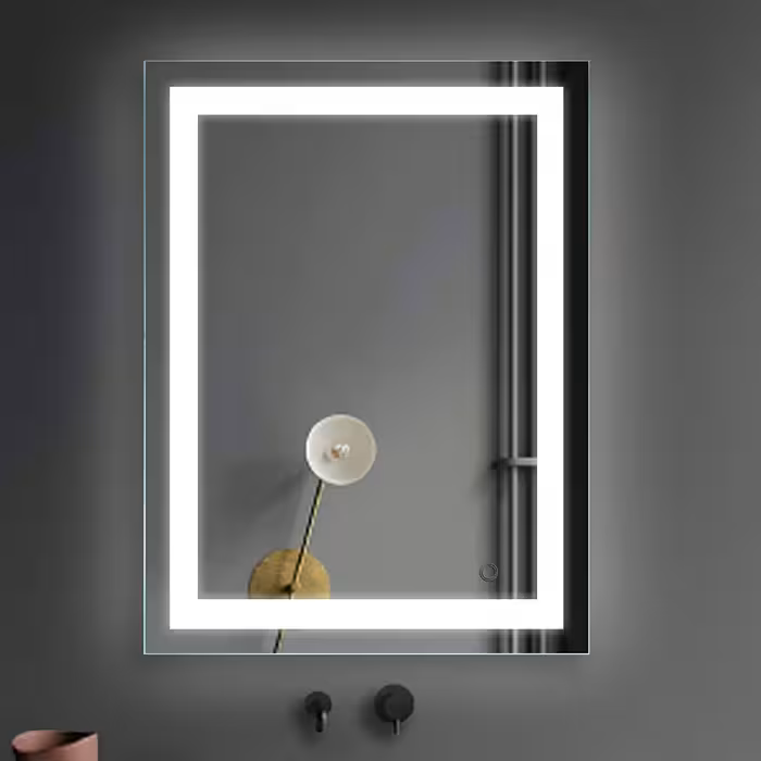 آینه بک لایت فریم لس ( بدون قاب ) به ابعاد 50 در 70 دور آینه سند بلاست( جیوه برداری شده)  با نور های سفید و آفتابی و...