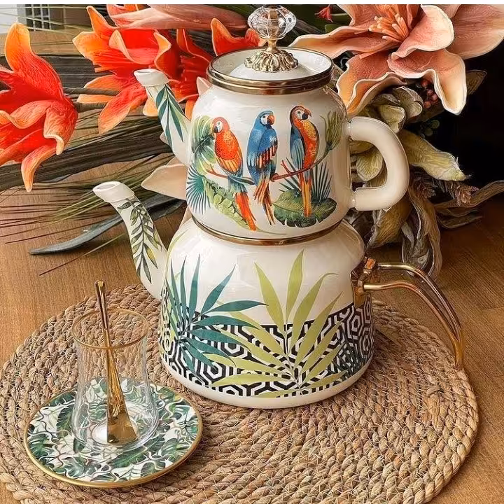 ست کتری قوری  لعابی طرح طوطی