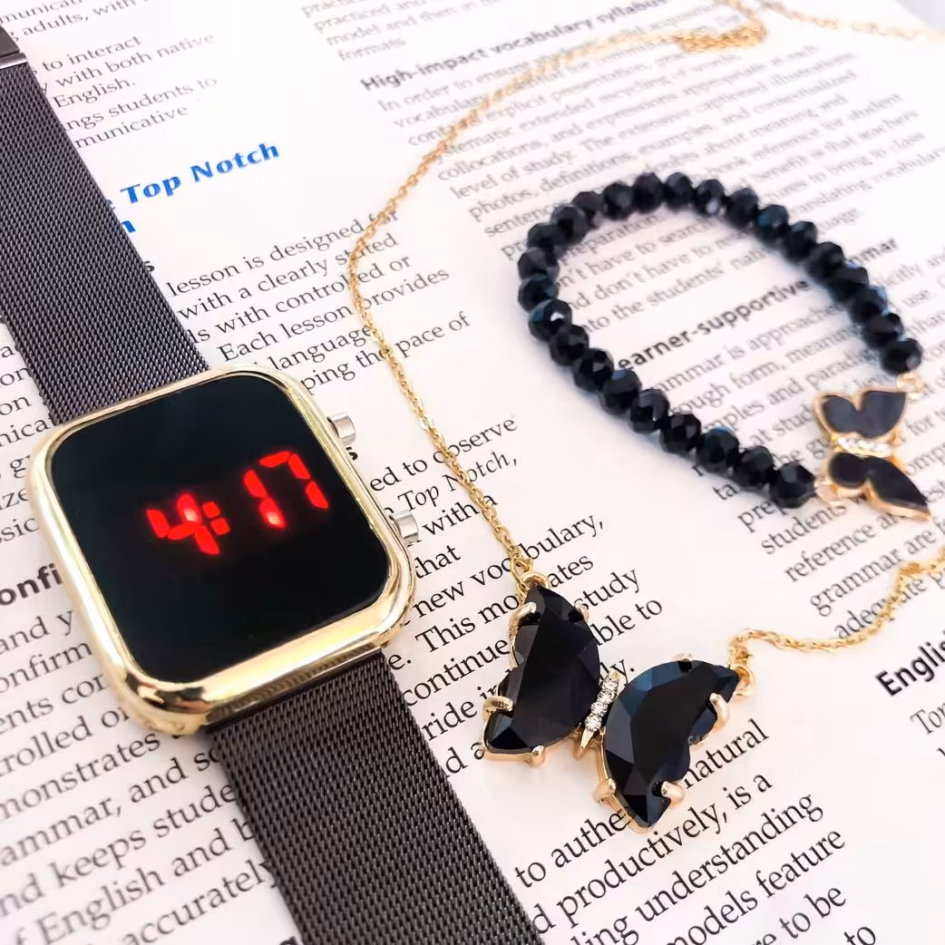 ست ساعت ال ای دی مشکی بندحصیری