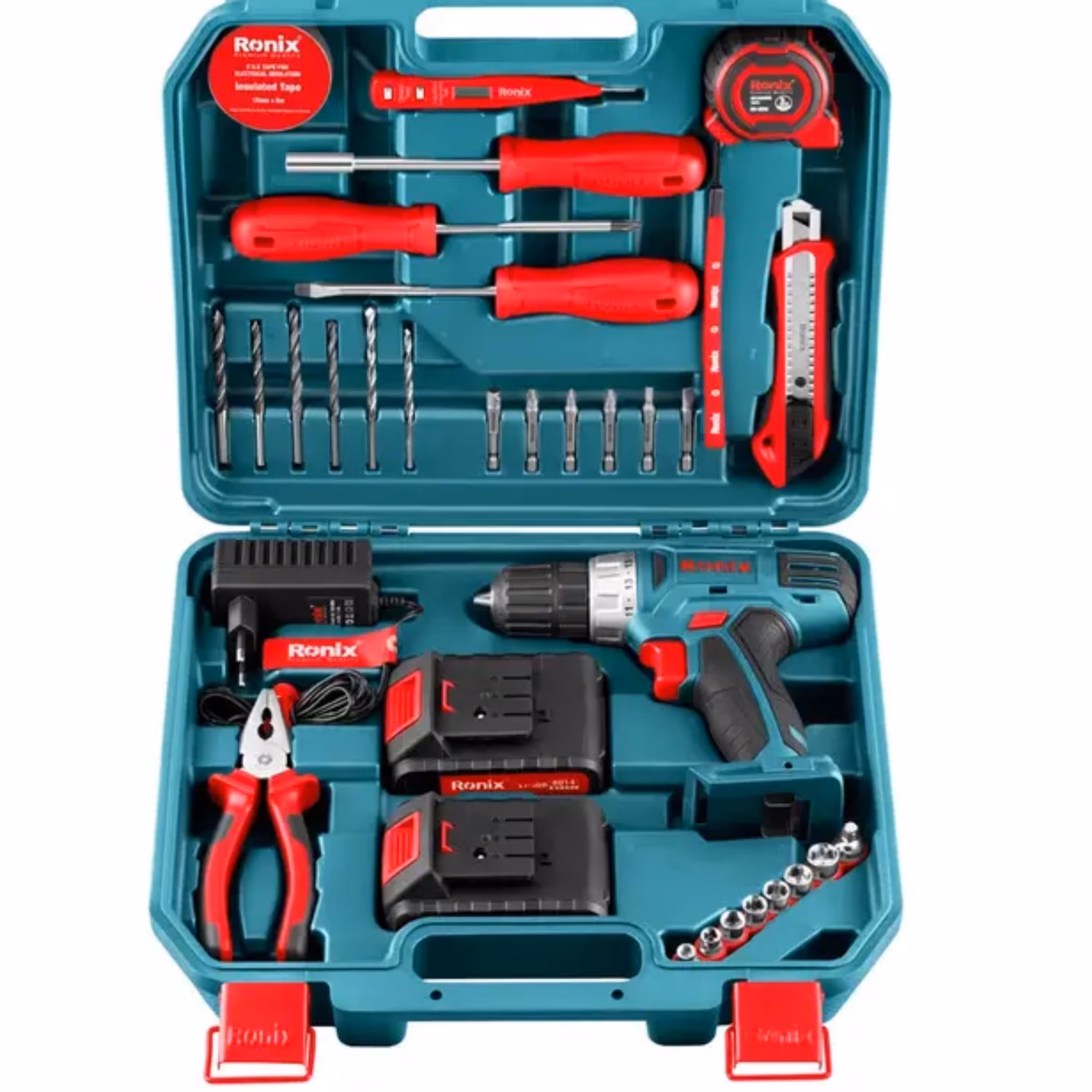 کیت کامل33پارچه  دریل شارژی رونیکس 14ولت دوباتری به همراه متعلقات کامل 