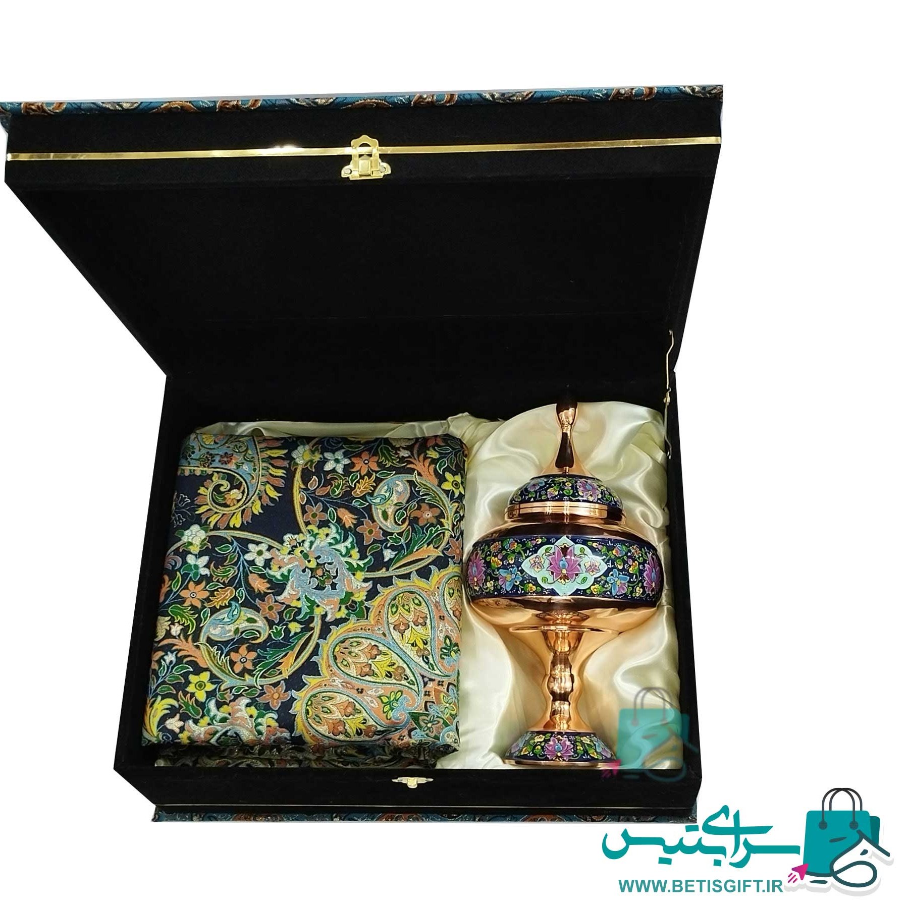 ست شکلات خوری 30سانت مس پرداز و رومیزی ترمه 1در1 به همراه جعبه هدیه