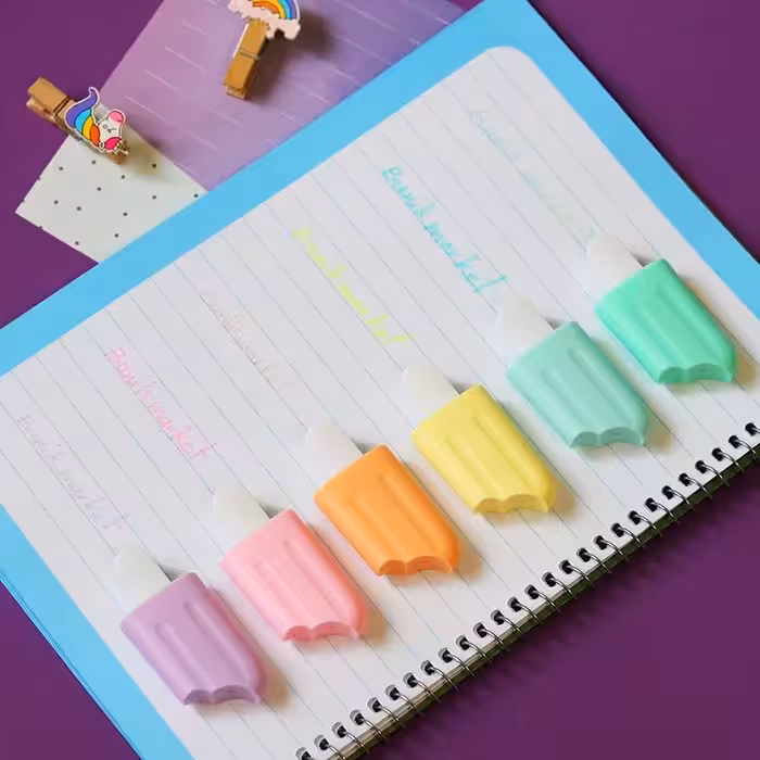 ماژیک هایلایت مینی بستنی گاز خورده
دارای 6 رنگ متفاوت پاستیلی و ملیح
بسیار روان و با کیفیت
نوع نوک تخت 